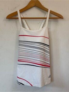 Adidas vintage cross back strappy white tank top w/ red + black stripes Small
